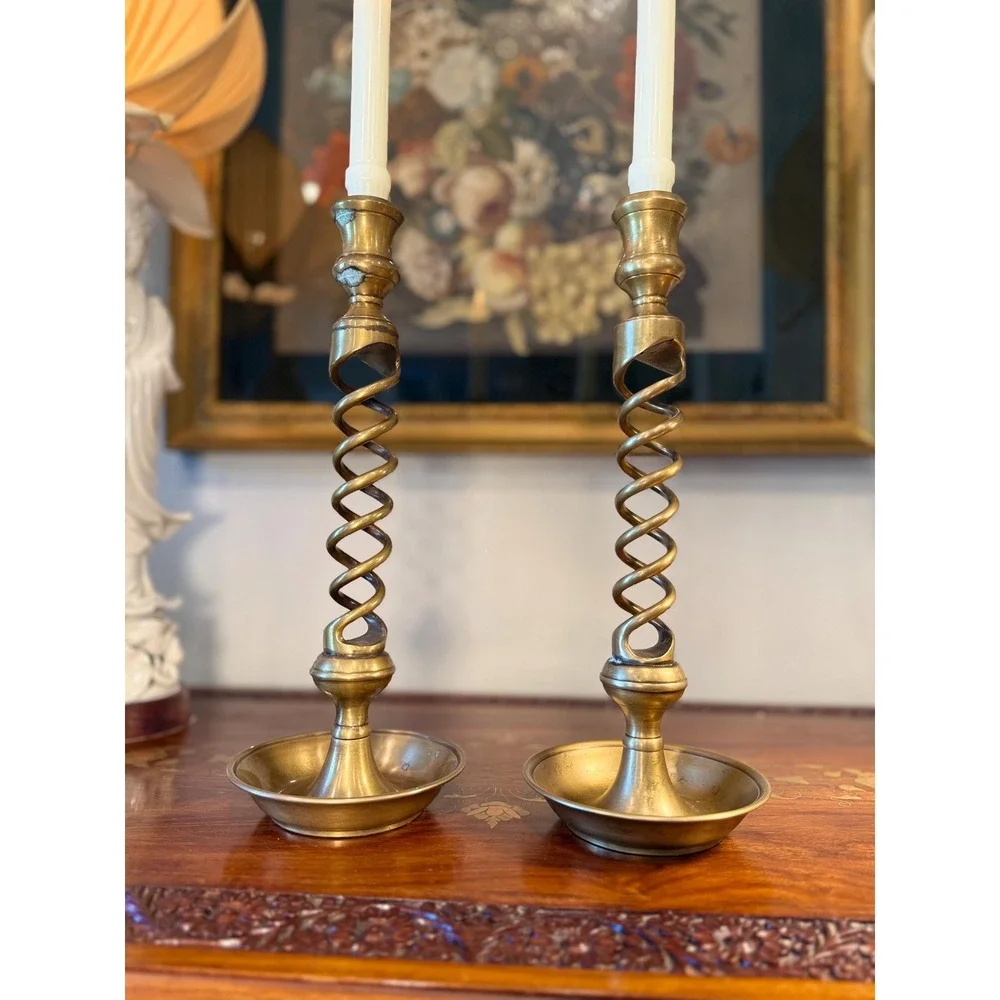 Vintage Solid Brass Barley Twist Candlesticks Pair • 13.75